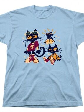 Light Blue Cat Graphic Tee with Navy & Orange Cartoon Cats